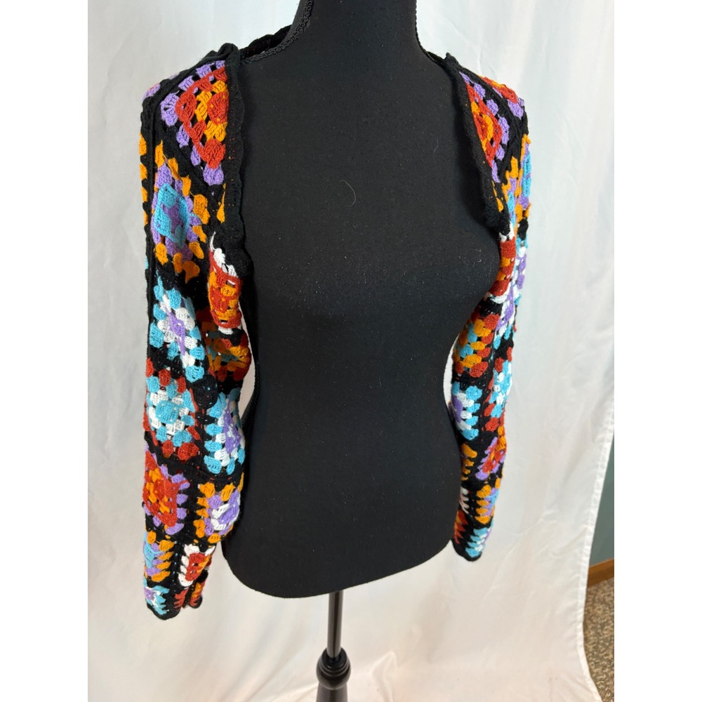 Multicolor Crochet Granny Square Shrug Bolero Cropped Cardigan Black Boho - Picture 10 of 11